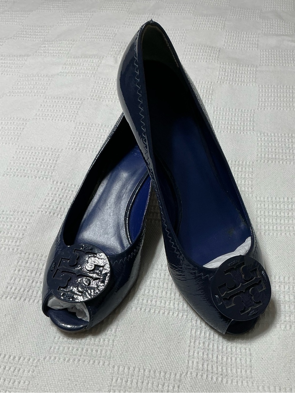 Tory Burch Blue Patent Leather Peep Toe Wedges Pumps Size 7